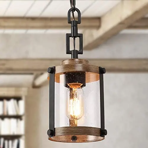 LOG BARN Pendant Lighting for Kitchen Island, Farmhouse Mini Chandelier in Faux Wood Metal with Bubbled Glass Shade, Rustic Ceiling Fixture Hanging for Dining Room, Hallway
