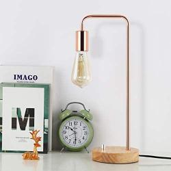 Rose Gold Table Lamp - Industrial Nightstand Lamp, Modern Desk Lamp with Wood Base for Bedroom Living Room Guest Room Coffee Table Dressers