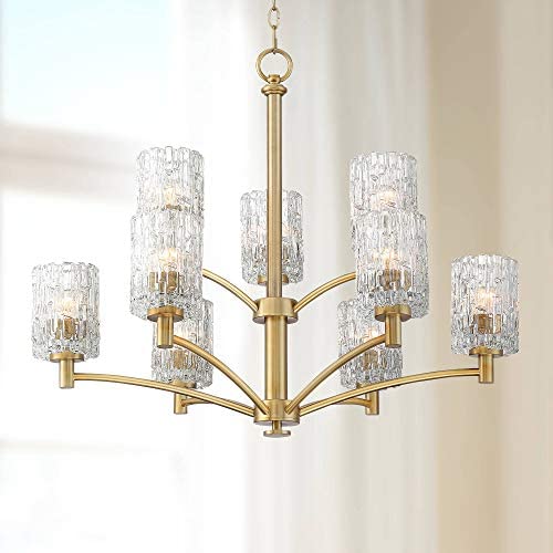 Icelight Warm Brass Large Chandelier 31 1/2'' Wide Modern Mid Century Prismatic Clear Glass 9-Light Fixture for Dining Room House Island Entryway Bedroom Living Room - Possini Euro Design