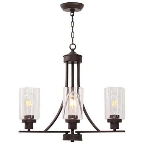 BONLICHT 3 Lights Oil-Rubbed Bronze Traditional Chandelier Rustic Kitchen Island Lighting Fixtures Hanging Clear Glass Cylinder Pendant Lights Classic Ceiling Light for Dining Room Bedroom Foyer