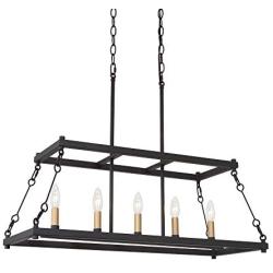 LOG BARN Large Black Light Chandelier, 5-Light Metal Cage Island Lighting, 30'' Kitchen Pendant Light Fixtures, Black and Gold for New Modern Farmhouse Dining Room