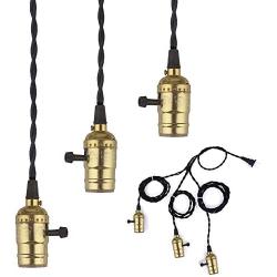 WUYOR Vintage Triple Light Sockets Pendant Light Kit Cord E26/E27 Industrial Hanging Lamp Cord 15.9 FT Twisted Black Cloth Bulb Cord Plug in Hanging Light Fixture (Gold)