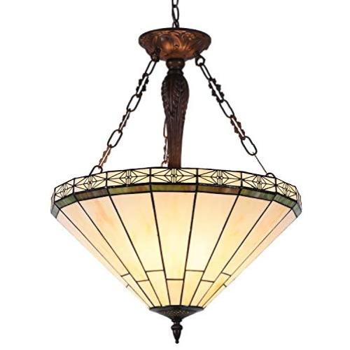 Capulina Tiffany Dining Table Lights, 3-Light Hanging Tiffany Style Lamp, 20 Inch Wide Stained Glass Dining Room Lights, Mission Style Tiffany Hanging Light, Inverted Ceiling Light for Living Room