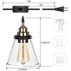 DEWENWILS Pendant Light Plug in, Transparent Glass Ceiling Light for Kitchen Living Room, Bedroom, Dining Hall, Bookroom, Plug Hanging Light with 15FT Adjustable Cord and On/Off Switch