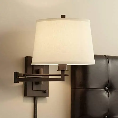 Easley Modern Swing Arm Wall Lamp Matte Bronze Plug-in Light Fixture Fabric Drum Shade for Bedroom Bedside Living Room Reading - Franklin Iron Works Easley Modern Swing Arm Wall Lamp Matte Bronze Plug-in Light Fixture Fabric Drum Shade for Bedroom Bedside Living Room Reading - Franklin Iron Works