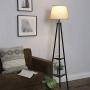 DEWENWILS 65 inch Industrial Tripod Floor Lamp with Shelves, 2-Tier Display Shelf, Light Beige Linen Shade, Metal and Wood Construction, Standing Storage Lamp for Living Room, Bedroom, Office