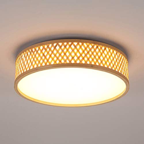 LITFAD Contemporary Drum Shape Flush Mount Ceiling Light Wood and Acrylic LED Ceiling Lamp Weaving Natural Wooden Pandent Light for Dining Room Bedroom Living Room - 10''