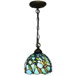 LITFAD Turquoise Dragonfly Hanging Lamp Tiffany Style Stained Glass 1 Head Suspended Light 8'' Wide Pendant Light Chandelier for Kitchen Island Barn Restaurant Hotel