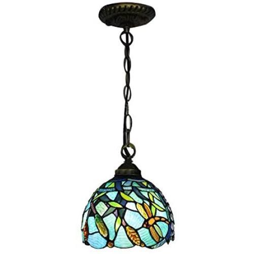 LITFAD Turquoise Dragonfly Hanging Lamp Tiffany Style Stained Glass 1 Head Suspended Light 8'' Wide Pendant Light Chandelier for Kitchen Island Barn Restaurant Hotel