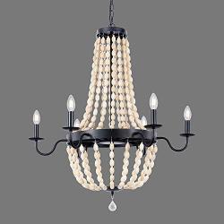 Wellmet 32 Inch Wood Beaded Chandelier, 6 Lights Farmhouse Chandelier Crystals, Boho Light Fixture Ceiling for Bedroom Foyer Dining Room, French Empire Pendant Lighting Black Finish and White Beads