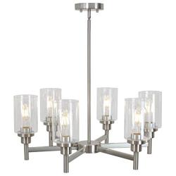 VINLUZ 6 Light Contemporary Chandelier Brushed Nickel Modern Pendant Lighting Cylinder Clear Glass Shaded Classic Ceiling Light Fixtures for Living Room Dining Room Kitchen