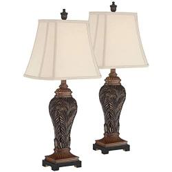 Leafwork Traditional Table Lamps Set of 2 Bronze Vase Light Tan Cut Corner Rectangular Shade for Living Room Bedroom Bedside Nightstand Office Family - Barnes and Ivy