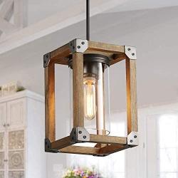 GEPOW Farmhouse Pendant Lighting, Rustic Wood Hanging Fixture for Kitchen Island, Dining Room, Bedroom, Foyer and Hallway