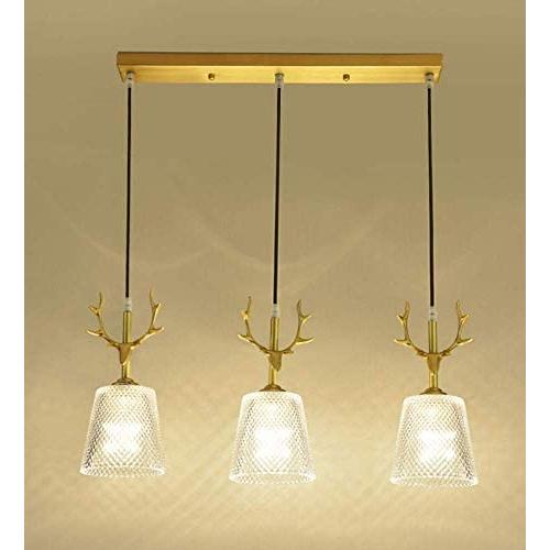 PLLP 3 Head Hanging Light Modern Dining Table Pendant Lamp Adjustable Transparent Glass Lampshade with Pattern Creative Copper Antler Pendant Light Dining Room Hanging Lamp Kitchen Island Bar Edison