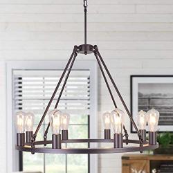 OSAIRUOS Farmhouse Rustic Chandelier Antique Retro Industrial Ceiling Pendant Light Round Rod Iron Chandeliers Lighting Fixture 8-Lights for Kitchen Island Living Room W30, Bronze