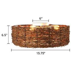 KWOKING Modern Design Rattan Ceiling Light 3 Lights Natural Material Flush Mount Ceiling Light with Drum Shape Rustic Woven Light Fixture for Dining Room,Bedroom, Entry 15.75inch