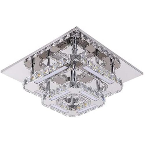Modern Crystal Ceiling Light Not Dimmable Flush Mount Chandeliers K9 Crystal 8K Stainless Steel LED Mini 2-Square Ceiling Light, 120lm/w CRI>80 Cool White 6000k, Chrome, by Kai
