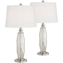 Carol Modern Table Lamps Set of 2 Mercury Glass Column White Drum Shade for Living Room Family Bedroom Bedside Nightstand - 360 Lighting