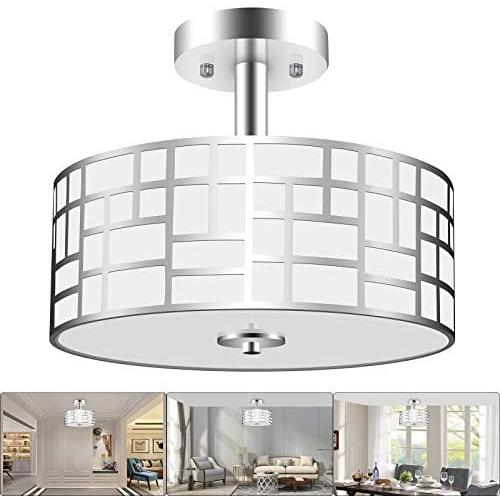 3-Light Semi Flush Mount Ceiling Light, Modern Hanging Kitchen Light Fixtures with Round Drum Steel and Glass Shade, Chrome Close to Ceiling Light Fixtures for Bedroom, Living Room by PARTPHONER