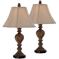 Regio Traditional Table Lamps Set of 2 Carved Brown Leaf Tan Sheer Fabric Square Bell Shade for Living Room Family Bedroom - Regency Hill