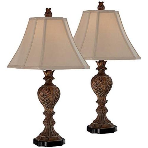 Regio Traditional Table Lamps Set of 2 Carved Brown Leaf Tan Sheer Fabric Square Bell Shade for Living Room Family Bedroom - Regency Hill