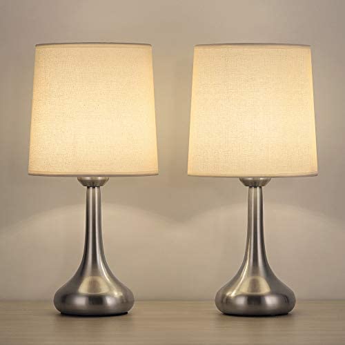 Modern Table Lamps Set of 2 Bedside Nightstand Small Desk Lamp Elegant Classic Table Light with White Fabric Shade for Bedroom, Dorm, Living Room, Office, Perfect Gift