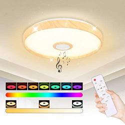 IYUNXI LED Starlight Music Ceiling Light with Bluetooth Speaker 36W 15Inch Dimmable Color Remote Control 4000LM Upgrade LED Music Ceiling Light Fixture with Wood Grain for Bedroom,Living Room