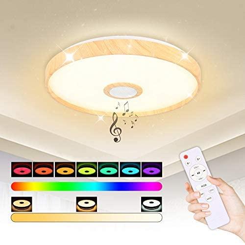 IYUNXI LED Starlight Music Ceiling Light with Bluetooth Speaker 36W 15Inch Dimmable Color Remote Control 4000LM Upgrade LED Music Ceiling Light Fixture with Wood Grain for Bedroom,Living Room