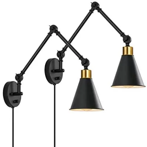 Swing Arm Wall Light Fixture with Dimmable Switch, Set of 2 Plug in Wall Sconce Lamp, Farmhouse Wall Reading Light for Bedroom Living Room Hallway, Brass