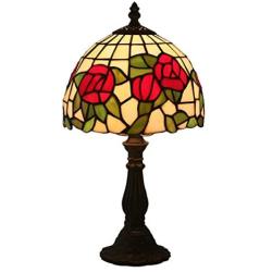 Errzom Mini Red Rose Green Leaves Shade Table Lamp Tiffany Style 8 Inch Stained Glass Desk Reading Lamp for Living Room Bedroom Bedside Wedding Room