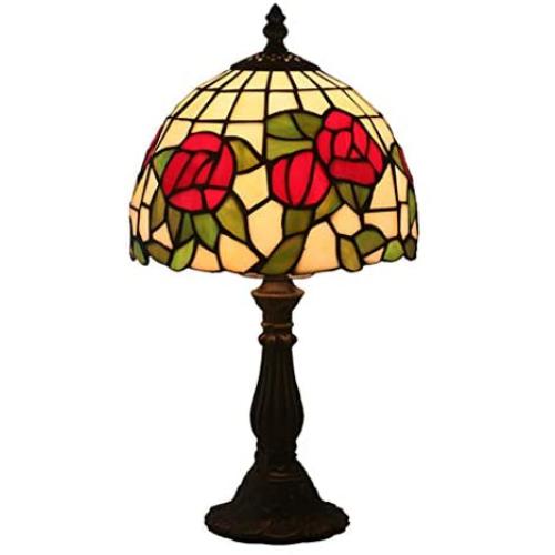 Errzom Mini Red Rose Green Leaves Shade Table Lamp Tiffany Style 8 Inch Stained Glass Desk Reading Lamp for Living Room Bedroom Bedside Wedding Room