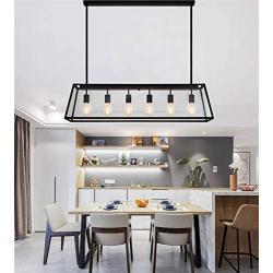 Industrial Vintage 6-Light Pendant Chandelier, Modern Matte Black Finish with Clear Glass Panels Square Linear Pendant Lighting for Kitchen Island Breakfast Bar Dining Room