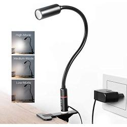 Clip on Lamp Reading Light LED Desk Clamp lamp, TECKIN (AC Adapter Included) 3 Brightness Book Night Light, 360°Flexible Neck Touch Control Eye-Care Perfect for Desk Computer Or Bed Headboard Plug in