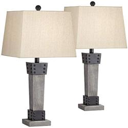 Jacob Modern Farmhouse Table Lamps Set of 2 LED Gray Wood Dark Metal Tapering Rectangular Shade for Living Room Bedroom Bedside Nightstand Office Family - John Timberland