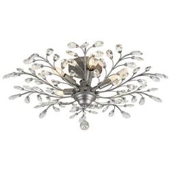 SEOL-LIGHT Vintage Large Crystal Branches Chandeliers Ceiling Light Flush Mounted Fixture with 5 Light 200W Sliver Grey for Bedroom,Entryway,Living Room,31.5''Dia