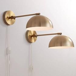 Brava Modern Wall Lamps Set of 2 Antique Brass Plug-in Light Fixture Adjustable Up Down Dome Shades for Bedroom Bedside Living Room Reading - 360 Lighting