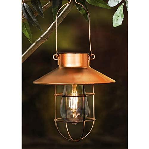 1 Pack EKQ ROJOY Hanging Solar Lights Lantern Lamp with Shepherd Hook, Metal Waterproof Edison Bulb Lights for Garden Outdoor Pathway (Copper)