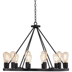 Lacey Black Wagon Wheel Chandelier 28'' Wide Modern Industrial Rustic Open Round Frame LED 12-Light Fixture for Dining Room House Island Entryway Bedroom Living Room - Franklin Iron Works