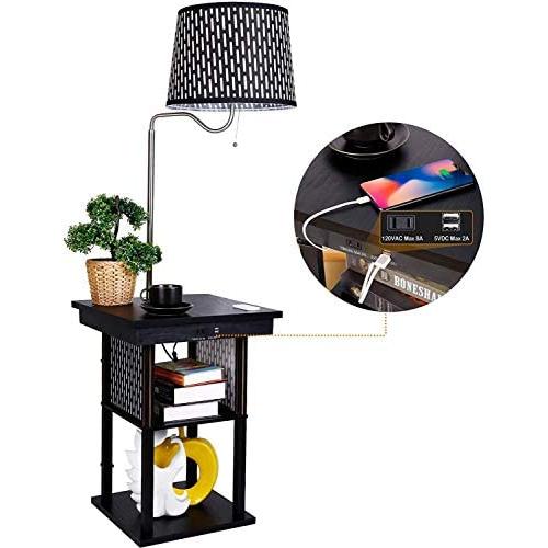 Albrillo Floor Lamp with Table, Modern Nightstand Bedside Desk with 2 USB Charging Ports, Outlet, Shelve and Swing Arm for Living Room, Black Hollow Albrillo Floor Lamp with Table, Modern Nightstand Bedside Desk with 2 USB Charging Ports, Outlet, Shelve and Swing Arm for Living Room, Black Hollow