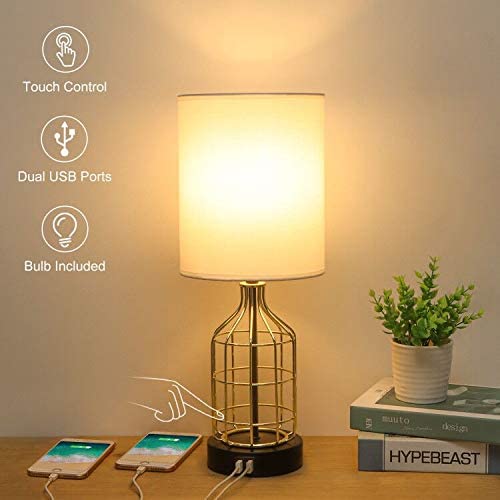 Touch Control Table Lamp with 2 USB Charging Ports, Boncoo 3 Way Dimmable Side Table Lamp with Gold Birdcage Base Modern Nightstand lamp USB Bedside Lamp for Bedroom, Living Room, 6W LED Bulb Included