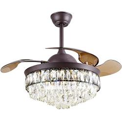 Healer 42 inch Crystal Ceiling Fan with Remote Control Brown Finish, Modern Retractable Invisible LED Chandelier Fans with Lights for Living Room Indoor Decorative Lamp