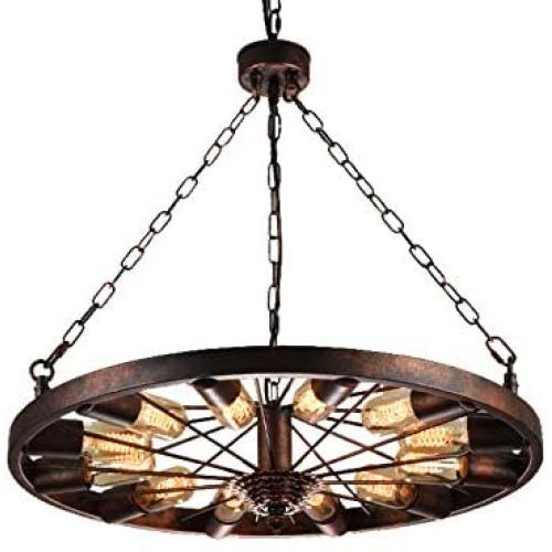 LAKIQ Retro Metal Chandelier 12 Lights Industrial Farmhouse Rust Wheel Hanging Pendant Lighting Fixture Indoor Lights for Kitchen Dining Room Living Room