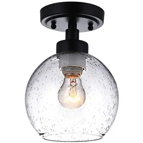 COTULIN Industrial Globe Seeded Glass Semi Flush Mount Ceiling Light,Black Ceiling Light Fixture for Hallway Kitchen Schoolhouse Farmhouse Bedroom Dining Room,Vintage Light Fixture for Entryway