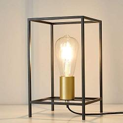 MonDauife Industrial Edison Bulb Metal Cage Table Lamp,Lantern Bedside Desk Lamp Geometric Square Nightstand Light for Living Room Bedroom Patio Office