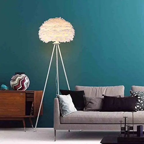 LAKIQ White Feather Floor Lamp Plug-in Modern Standing Lamp Floor Lighting for Living Room Girl’s Room Bedroom Reading