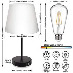 Touch Control Table Lamp, 3 Way Dimmable Nightstand Lamps with 2 USB Charging Ports, Fabric Shade Modern Beside Desk Lamp for Bedroom Living Room, 6W 2700K E26 LED Edison Bulbs Included