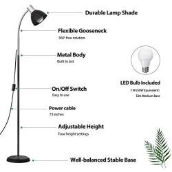 TychoLite LED Floor Lamp, Task Floor Lamp with Adjustable Gooseneck, Standing Swing Arm Floor Lamps with Metal Base for Office, Living Room, Bedroom, Adjustable Height - Black (LED Bulb Included)