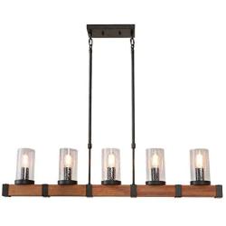 Eumyviv C0022 Metal Pendant Lamp with Glass Shade Retro Rustic Chandelier Edison Vintage Decorative Ceiling Fixture Hanging Luminaire, Wood 5 Lights