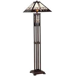 Mission Floor Lamp Art Deco with Nightlight Oiled Bronze Stained Glass Shade for Living Room Reading Bedroom - Robert Louis Tiffany