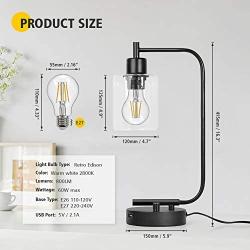 Industrial Table Lamp, Bulb Included Dual USB Port Iron Lantern Glass Shade Style Dimmable Bedside Desk Lamp for Bedroom, Office, Living Room, Dressing Table, Hotel Farmhouse Desk Lamp